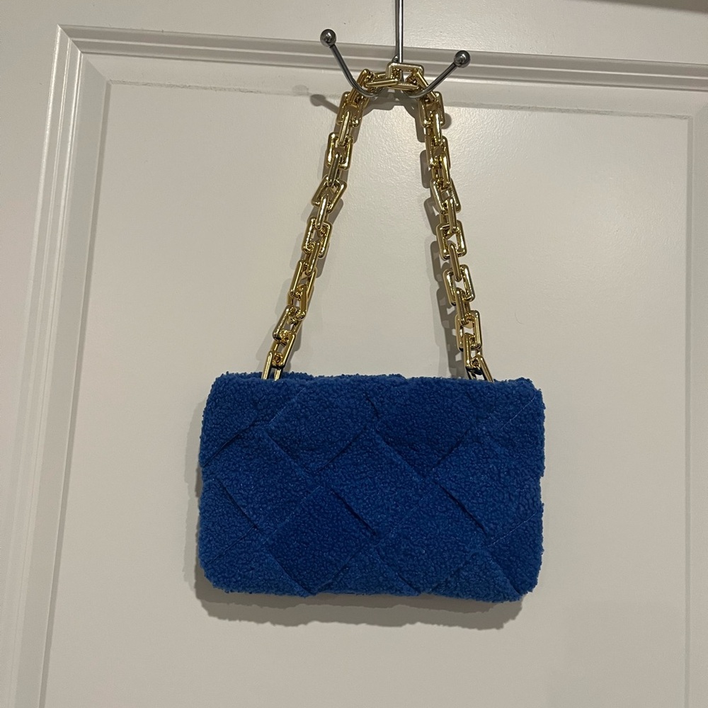 Nasty Gal Blue Textured Shoulder Bag with Gold Chain